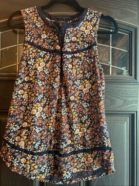 Lucky Brand Navy and Mustard Floral Cotton Blend Embroidered Trim Top